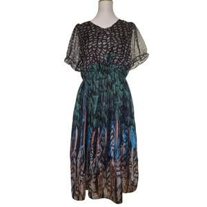 Misslook Feather Print Chiffon Maxi Dress Semi Sheer Short Sleeve Size 10